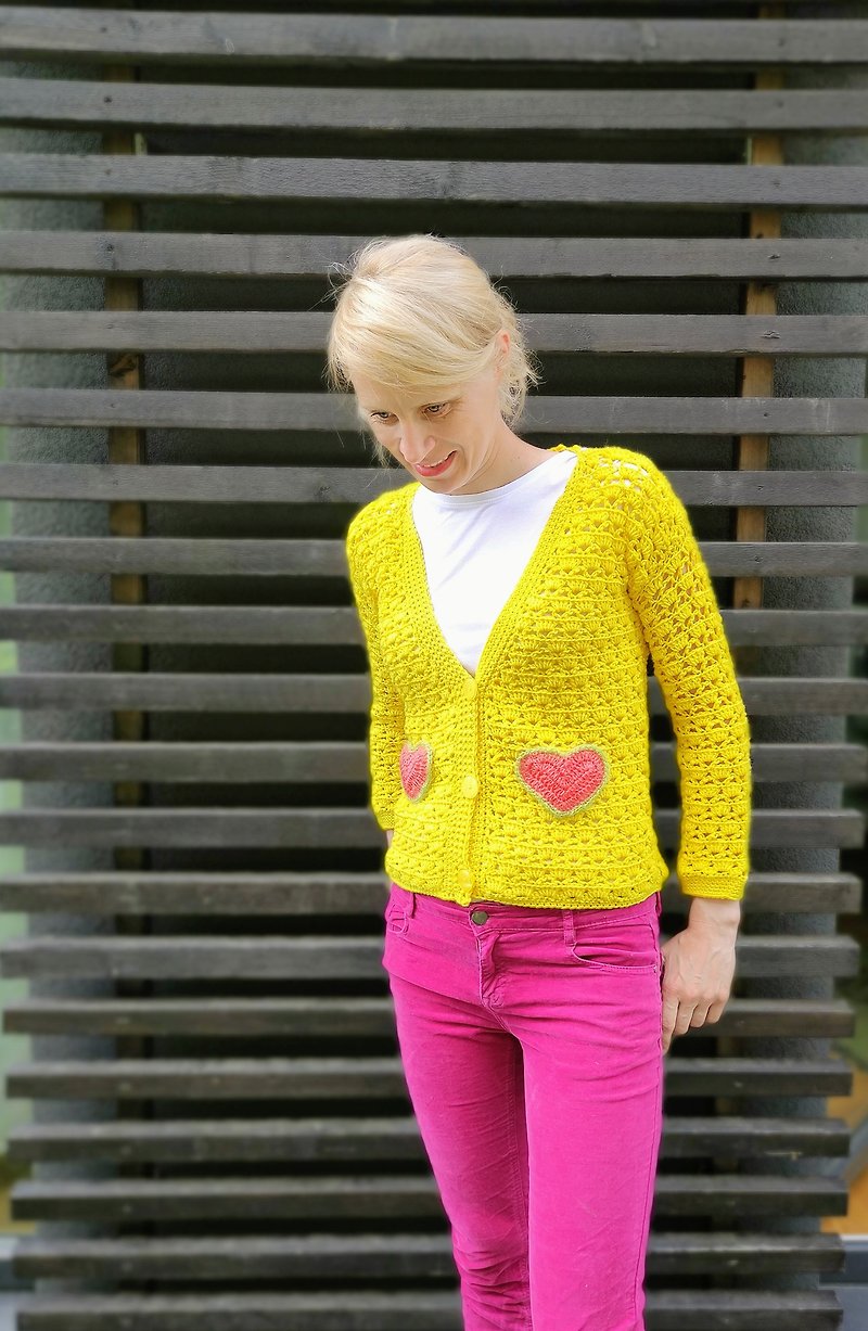 Yellow handmade sweater - 毛衣/針織衫 - 環保材質 黃色