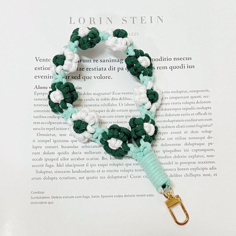 藍綠色小花手機掛繩 編織手腕帶 相機背帶 鑰匙圈 - 手機掛繩/背帶 - 棉．麻 