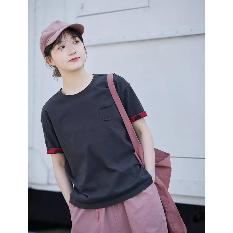 Gardenia Gray Cotton Knitted Fabric Round Neck Loose Casual All-match T-shirt - เสื้อยืดผู้หญิง - ผ้าฝ้าย/ผ้าลินิน 