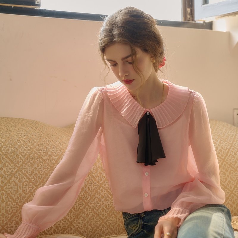 Brielle 圓領領結修身襯衫 - 女上衣/長袖上衣 - 聚酯纖維 粉紅色