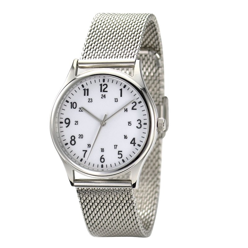 ウーブン メッシュ スチール ベルト付きのシンプルな 1-24 デジタル時計、男性と女性用、全世界送料無料 - 腕時計 ユニセックス - ステンレススチール ホワイト