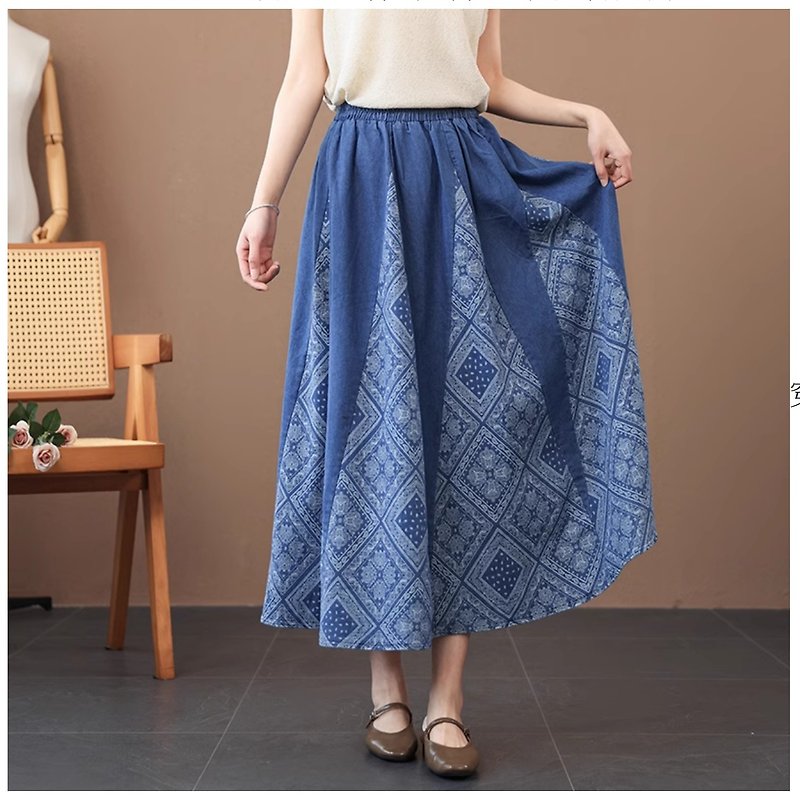 [Mori Zhihai] Mid-length tiled denim skirt (pre-order) - กระโปรง - ผ้าฝ้าย/ผ้าลินิน สีน้ำเงิน
