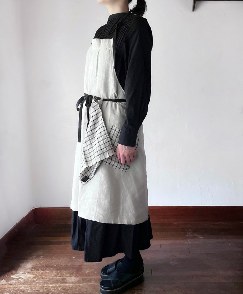 Belgian Linen apron and kitchen cloth S (Kinari x lattice check) - ผ้ากันเปื้อน - ผ้าฝ้าย/ผ้าลินิน 