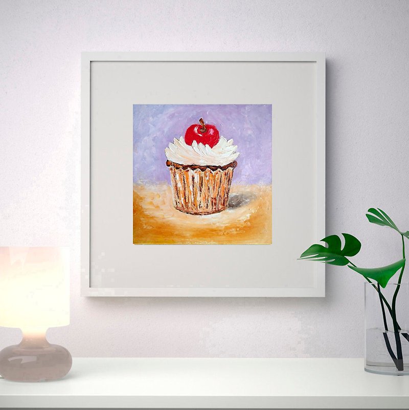 Cupcake Original Painting, Kitchen Wall Art, Dessert Food Picture, 手工油畫, 油畫原作 - 海報/掛畫/掛布 - 其他材質 多色