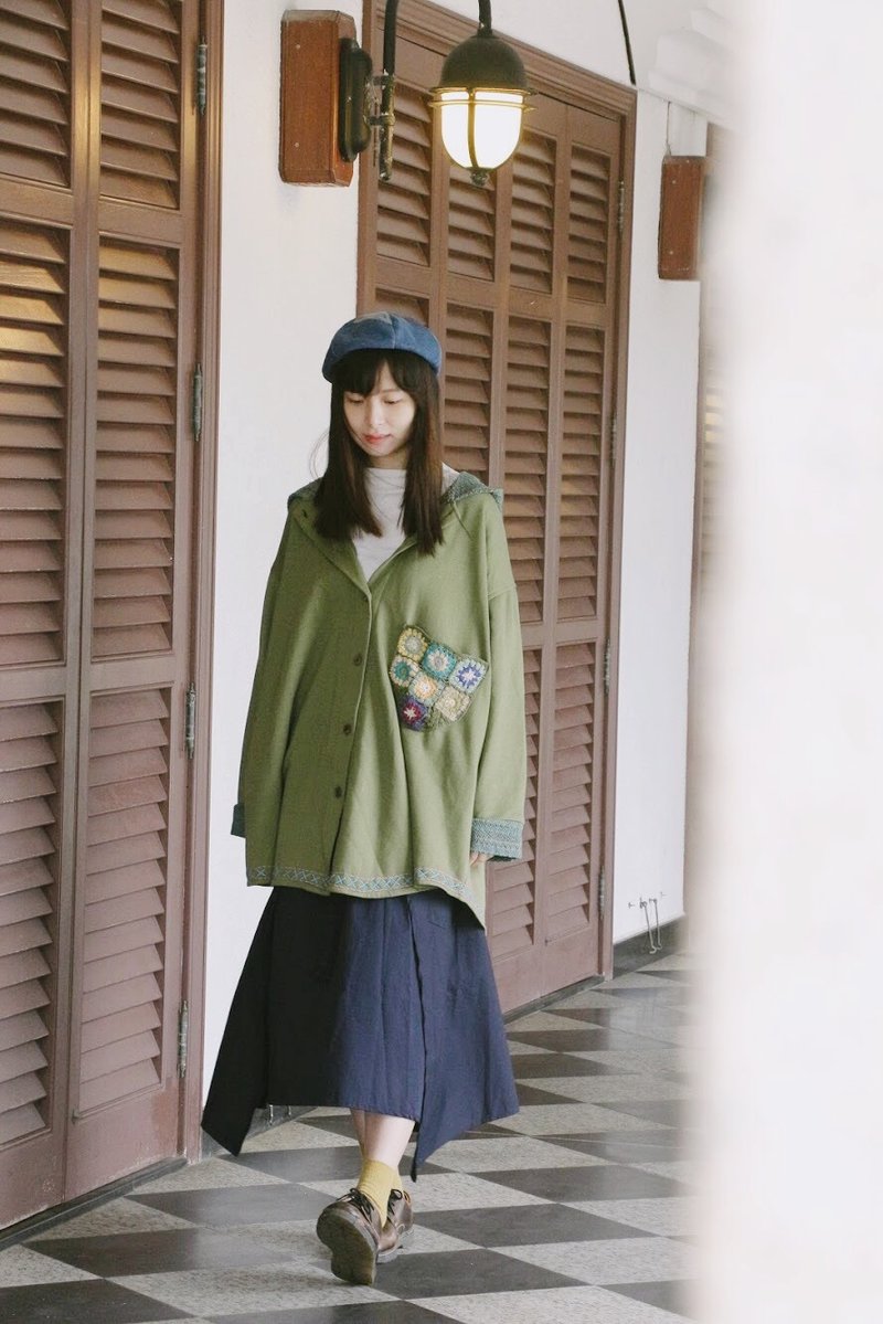 寒冬盛開的花兒 手織布帽衫外套 |綠色 - 女大衣/外套 - 棉．麻 綠色