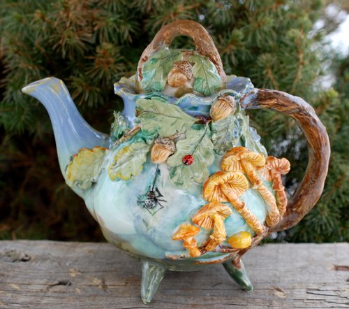 Large teapot Handmade unusual ceramic teapot Mushrooms figurine