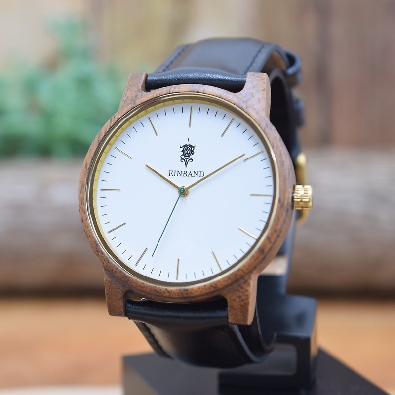 EINBAND Glanz WHITE 40mm Wooden Watch Black Leather Belt - 男錶/中性錶 - 木頭 咖啡色