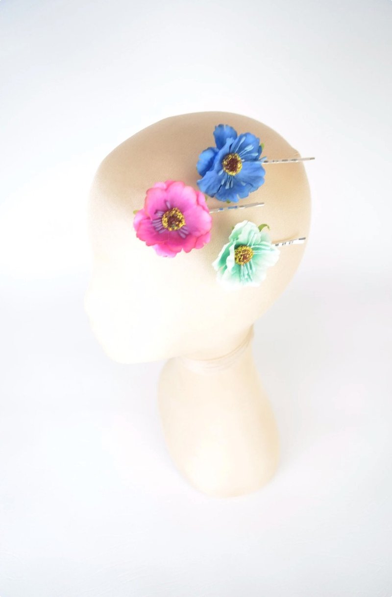 Hair Clip Set of 3 Pink Mint Blue Flowers Cute Fairy Kawaii Childrens Fashion - เครื่องประดับผม - วัสดุอื่นๆ หลากหลายสี