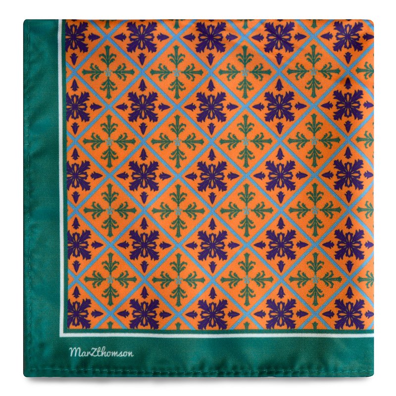 Peranakan Tiles Print Pocket Squares in Orange and Green trimmings - Scarves - Polyester Orange