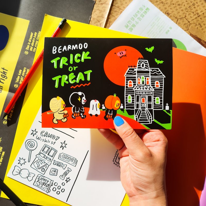 Bearmoo Trick or Treat Postcard - 卡片/明信片 - 紙 黑色