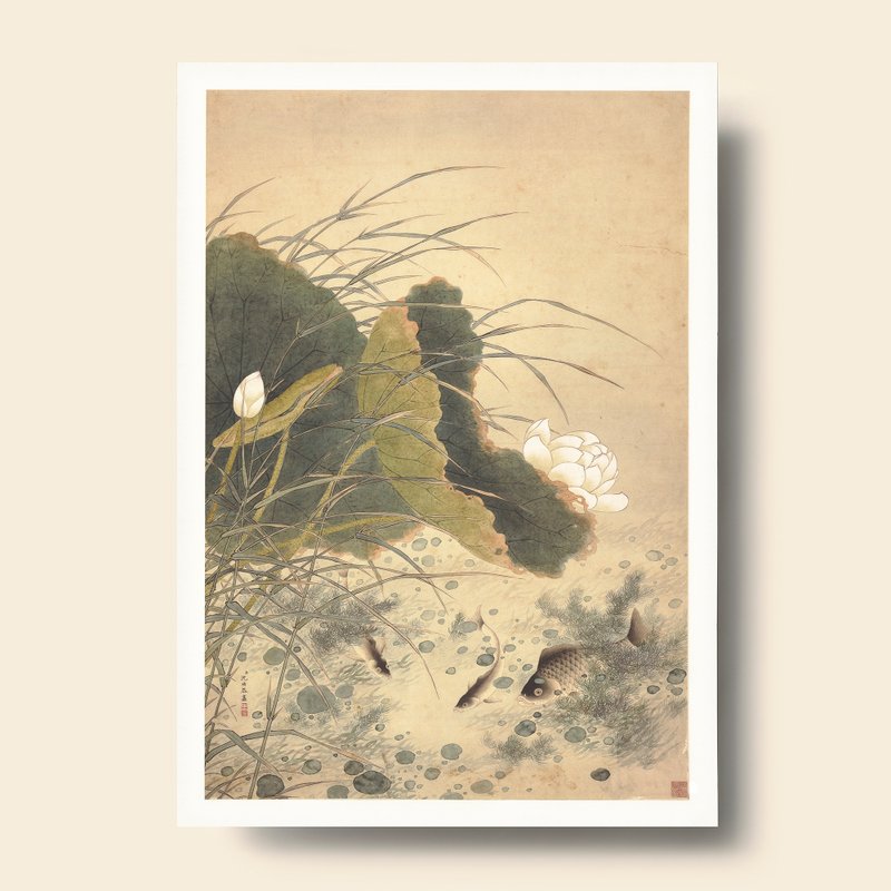 Print Card, Fishing in Reclusion Among Mountains and Streams, Tang Yin, Ming Dyn - โปสเตอร์ - กระดาษ สีกากี