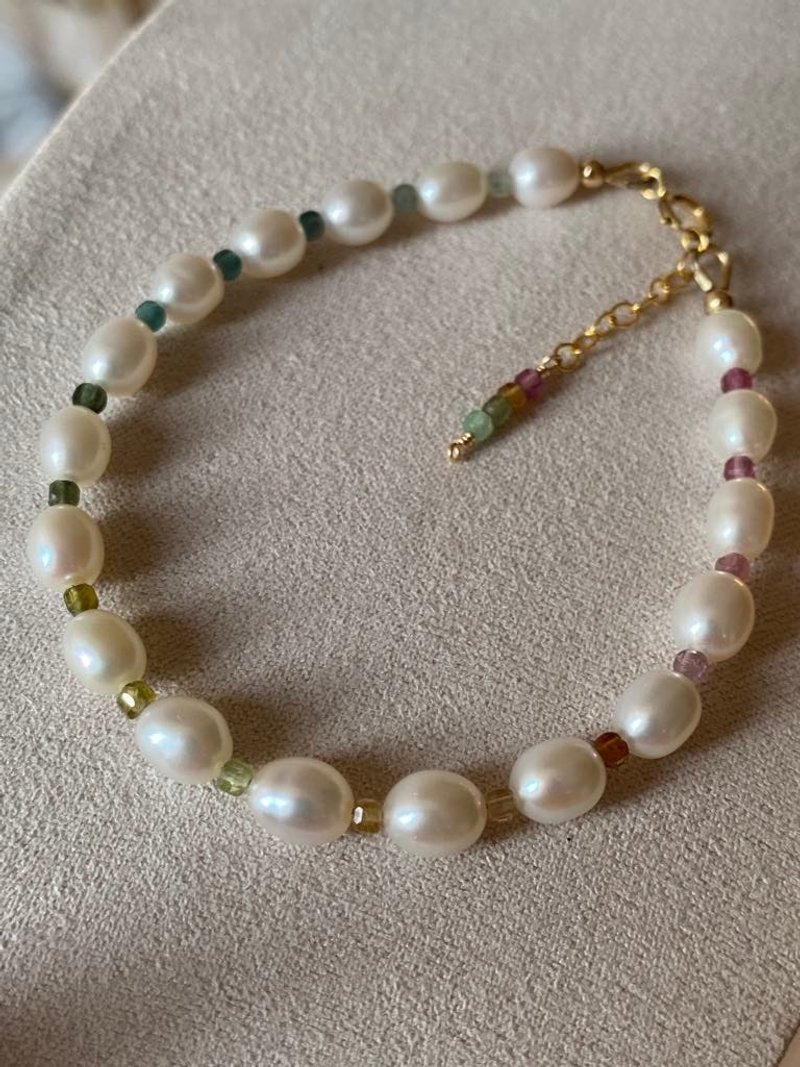 Natural freshwater pearl rainbow tourmaline American 14KGF bracelet bracelet can be changed into a necklace - Bracelets - Pearl Multicolor