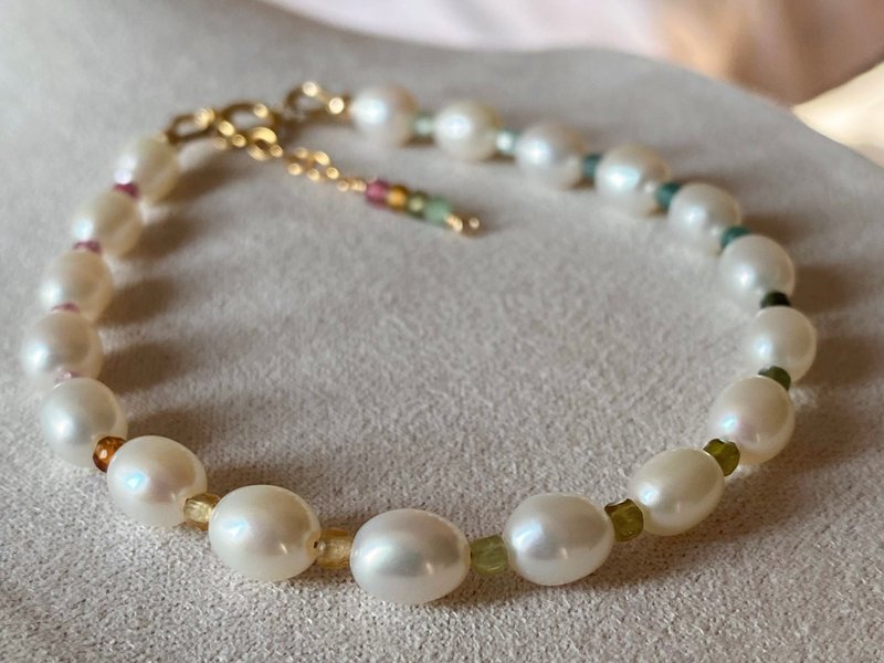 天然珍珠 彩虹碧璽 || 小方塊 美國 14KGF手鍊 手鏈 可改頸鏈 - 手鍊/手鐲 - 珍珠 多色