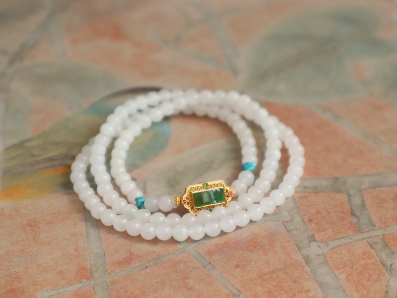 5mm natural Hetian jade-mutton fat jade Silver inlay jasper Wushi brand design multi-circle bracelet handheld necklaces - Bracelets - Jade White