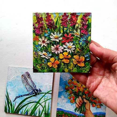 AZA-Art Flowers Painting Bouquet Daisy Dragonfly Oil 10 by 10 Set of 3 Small Art