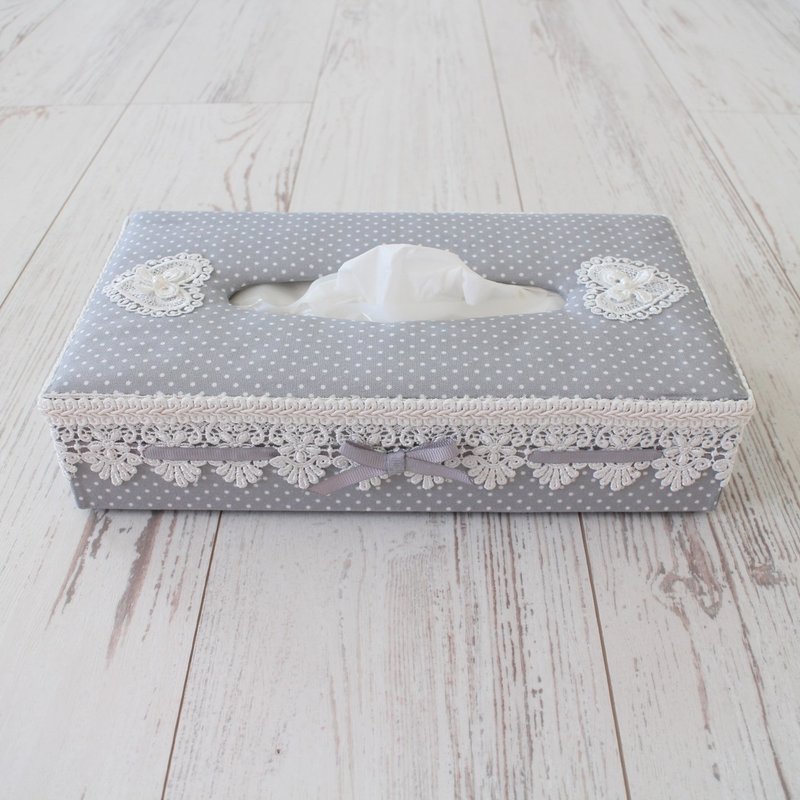 French Chic Elegant Gray Dot Ribbon Lace Tissue Box Tissue Cover Tissue Box [Made-to-Order] - กล่องทิชชู่ - ผ้าฝ้าย/ผ้าลินิน สีเทา