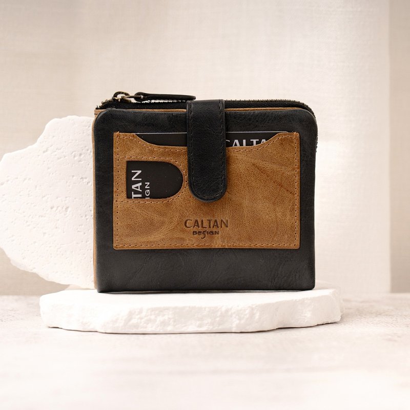 【Prosperity Coin Purse】Unisex Colorblock Genuine Leather Bi-Fold Wallet - 075381 - กระเป๋าสตางค์ - หนังแท้ สีนำ้ตาล