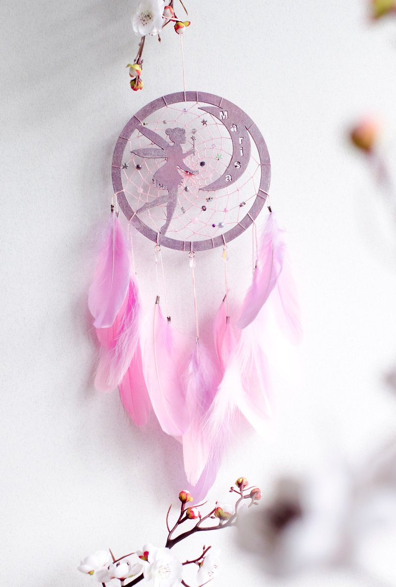 Personalized Pink Fairy Dreamcatcher for Girls – Custom Name, Nursery Wall Decor - ตกแต่งผนัง - แก้ว สึชมพู