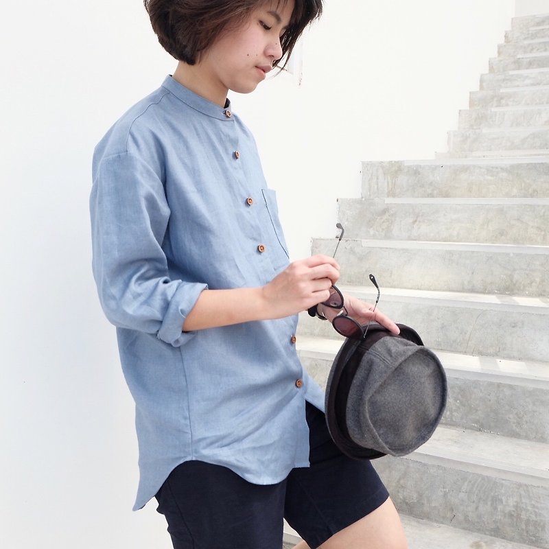 Linen Longsleeves-Mandarin Collar Shirt ( Pin Shirt ) : Sky Color - 女上衣/長袖上衣 - 棉．麻 藍色