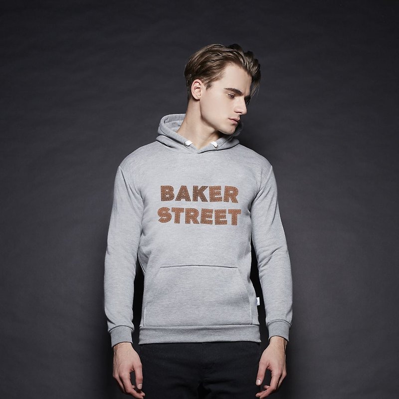 British Fashion Brand [Baker Street] Leather Letters Printed Hoodie - เสื้อฮู้ด - ผ้าฝ้าย/ผ้าลินิน สีเทา