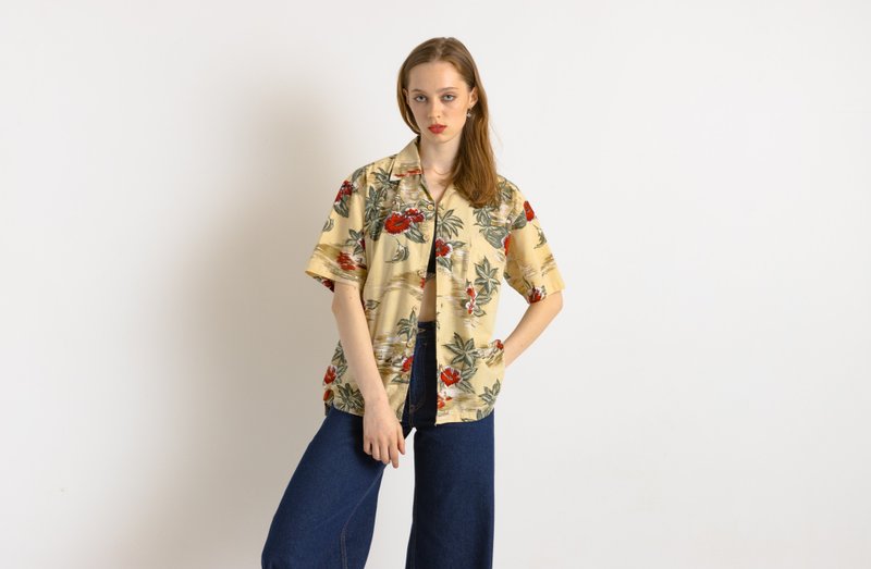 Cotton Aztec Abstract Pattern Unisex Fabric Short Sleeve Shirt Small Size 7522 - 帽T/大學T - 棉．麻 黃色