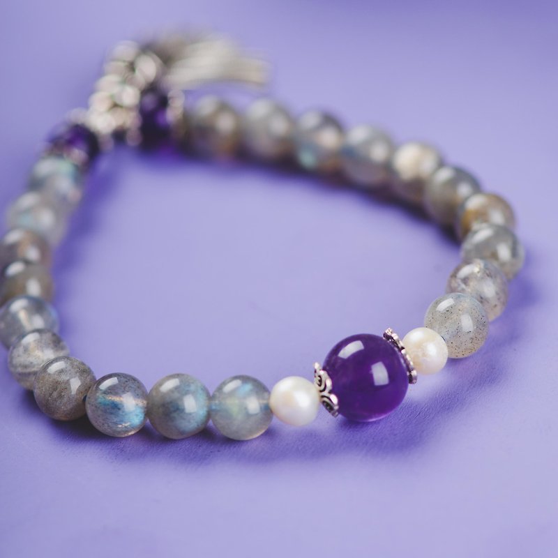 Amethyst, Labradorite 925 Sterling Silver Natural Gemstone Stack Bracelet - Bracelets - Semi-Precious Stones Purple