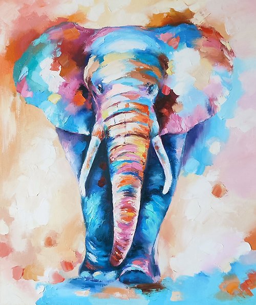 MARIARTpro Colorful Elephant Painting Animals Original Art Canvas Elephant Oil Artwork