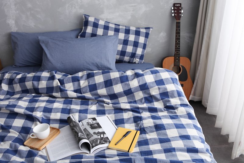 Natural washed quilt cover bed bag pillowcase set - Blue grid x blue - เครื่องนอน - ผ้าฝ้าย/ผ้าลินิน สีน้ำเงิน