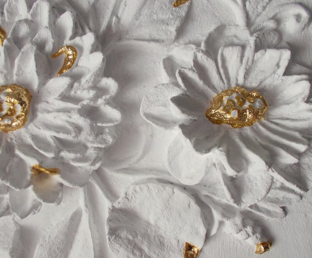 花の浅浮き彫り、彫刻の壁アート、金箔アート、3D アート作品、すぐに