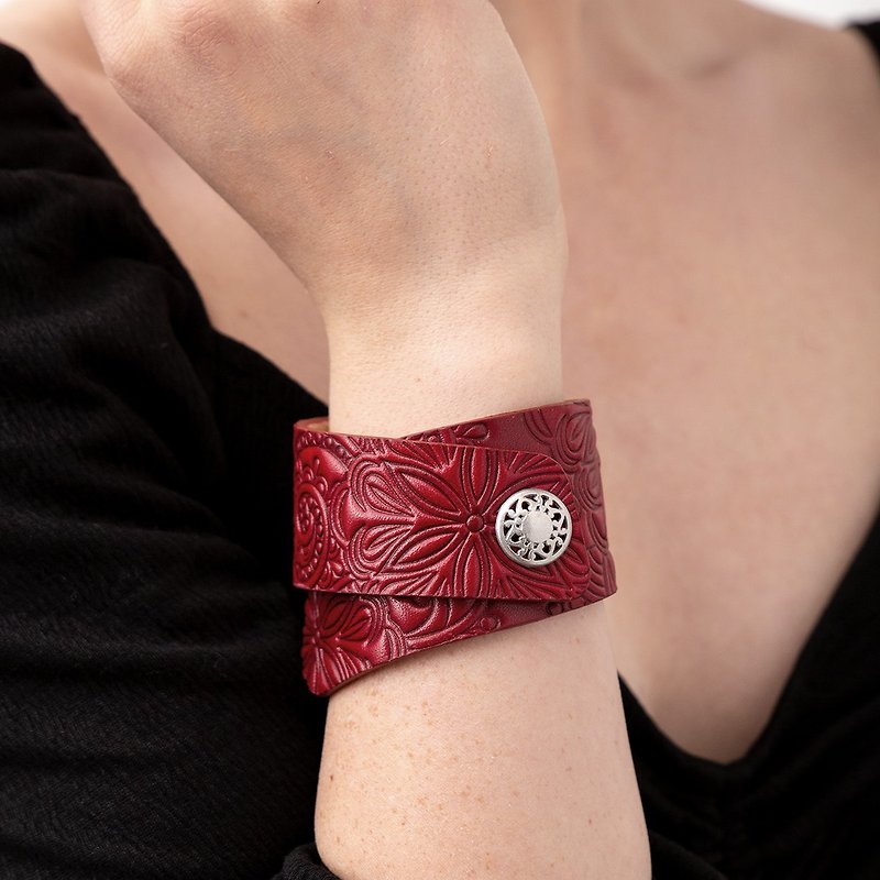 Dark Red Leather Cuff Bracelet for Women, Width 4 cm - Bracelets - Genuine Leather Red