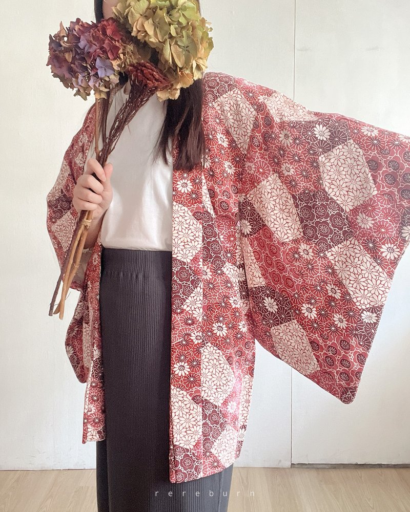 日本製和風印花薄款紅色古著羽織和服外套 - 女大衣/外套 - 聚酯纖維 紅色