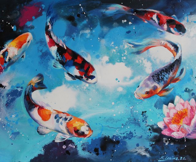 鯉の絵鯉の油絵風水絵日本のアートワーク鯉の壁画 ショップ Mariartpro ウォールデコ 壁紙 Pinkoi