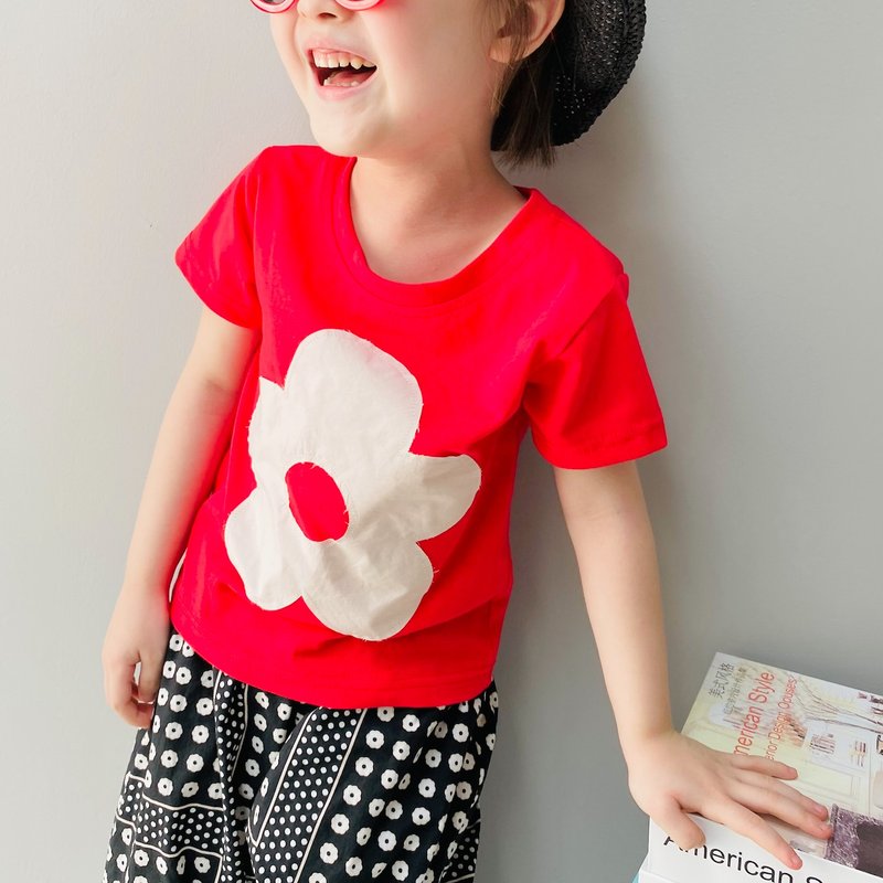 大花朵純棉T-shirt 兩色可選 / 紅色 黑色 T-shirt 上衣 童裝 - 男/女童裝 - 棉．麻 紅色