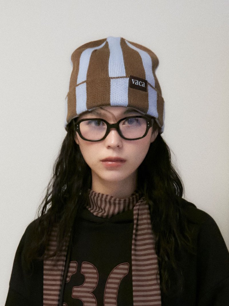STRIPE ROLL UP BEANIE (SKY) - 帽子 - 其他材質 咖啡色