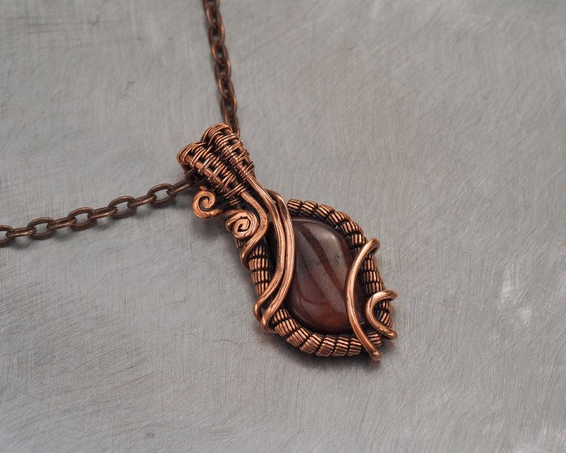 Small Bull Eye Pendant Necklace / Antique Style Wire Wrapped Copper Jewelry - Necklaces - Gemstone Multicolor