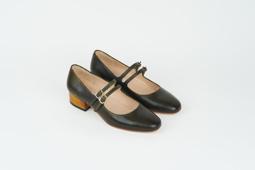 3.4cm ダブルストラップ メアリージェーン - オリーブグリーン