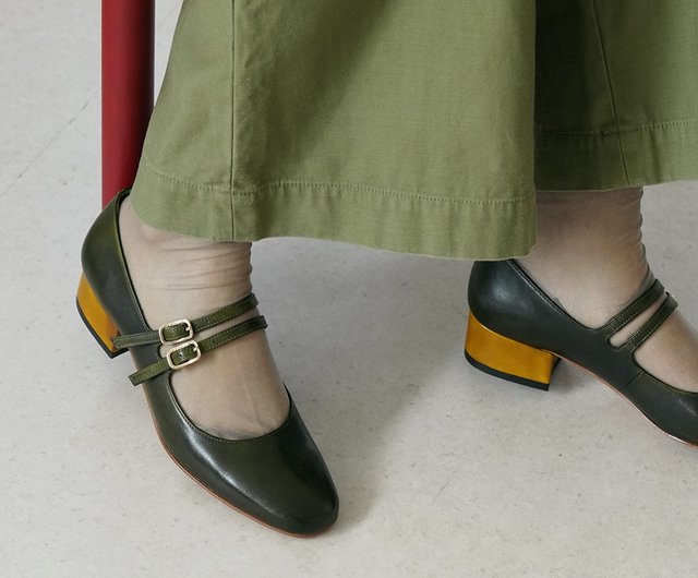 3.4cm ダブルストラップ メアリージェーン - オリーブグリーン