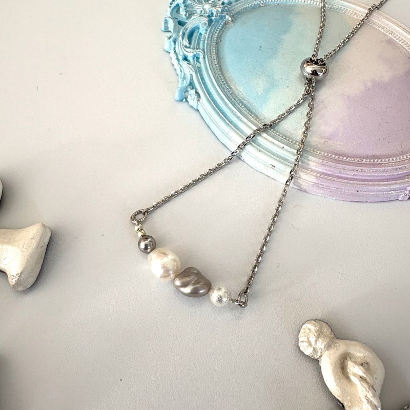 Pearl Bracelet Sweet Pearl Mix Materials White Grey Rhodium Plated Elegant - 手鍊/手環 - 珍珠 灰色