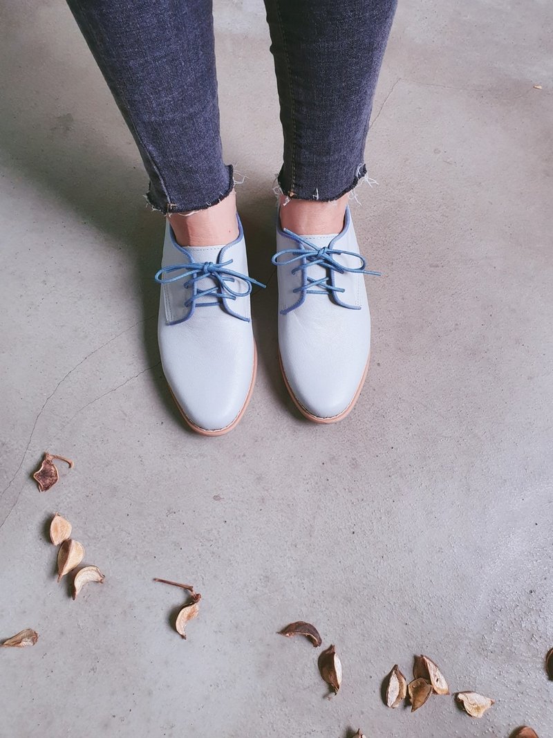 [Intellectual Derby] French Lace-up Sheepskin Derby Shoes_Morandi Grey | Handmade | MIT - รองเท้าอ็อกฟอร์ดผู้หญิง - หนังแท้ 