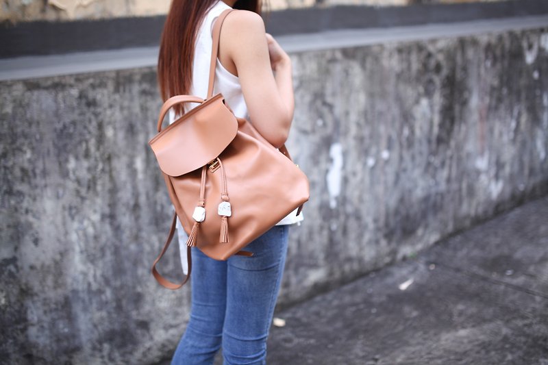 SL original stone series (mini version). Light brown leather / Italian leather / shoulder bag / dual-use bag / shoulder bag / summer color - Backpacks - Genuine Leather Brown