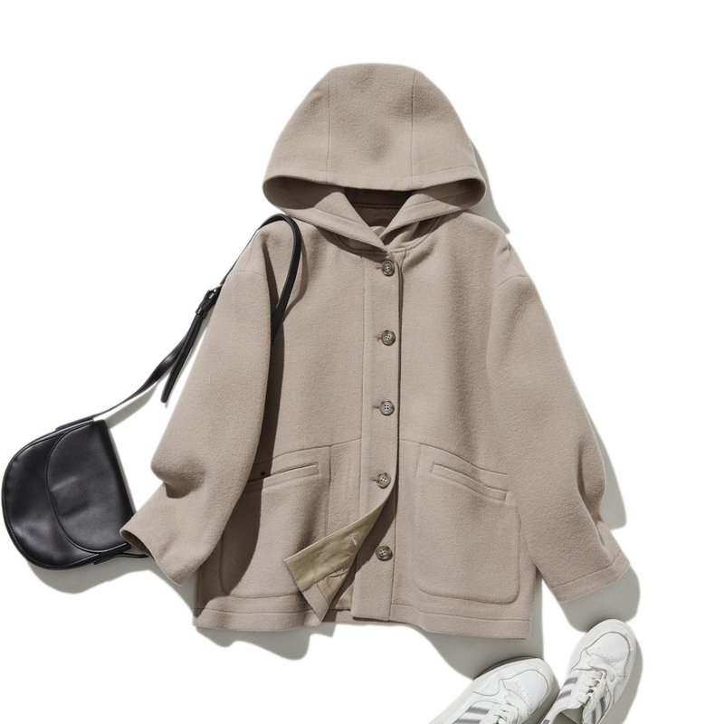 軽くて暖かいフード付きアウター　ウールアウター 　ベージュ　241206-5 - ジャケット - ウール カーキ