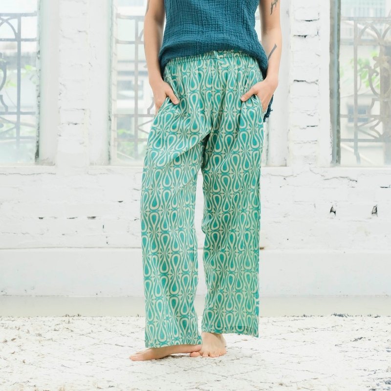 Indian cover-dyed drawstring straight trousers/voile green hourglass - กางเกงขายาว - ผ้าฝ้าย/ผ้าลินิน สีเขียว