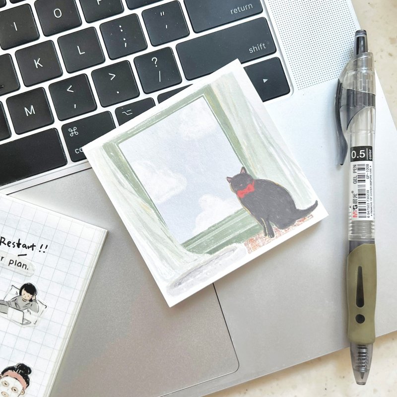 Black Cat and Good Weather Memo Pad - กระดาษโน้ต - กระดาษ สีเทา