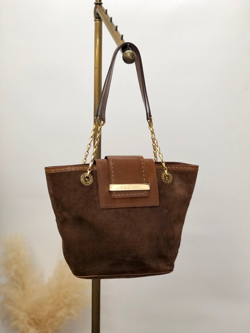 [Direct from Japan, branded used bag] CELINE Celine handbag Brown logo stitch suede vintage old mc6jsa - กระเป๋าถือ - หนังแท้ สีนำ้ตาล