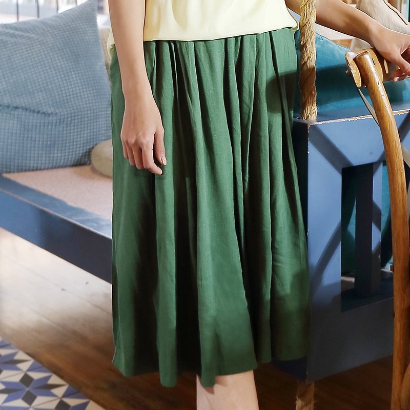 Breathable Linen and linen comfortable culottes | Green* - กางเกงขายาว - ผ้าฝ้าย/ผ้าลินิน สีเขียว