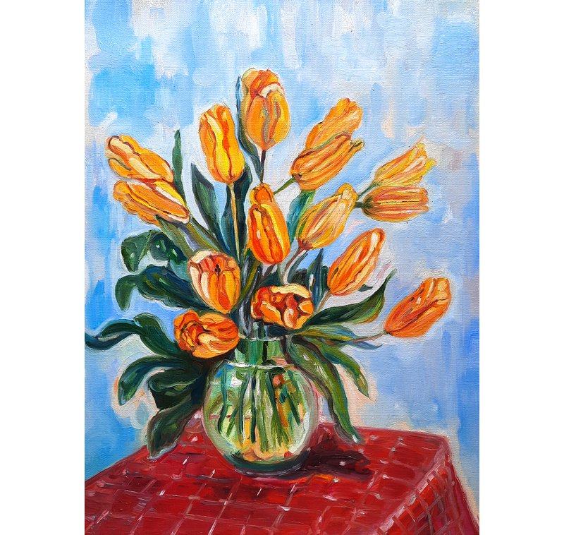 Bouquet in a Vase  Painting  Original Art  Oil Painting   Oil On Canvas - 壁貼/牆壁裝飾 - 其他材質 黃色