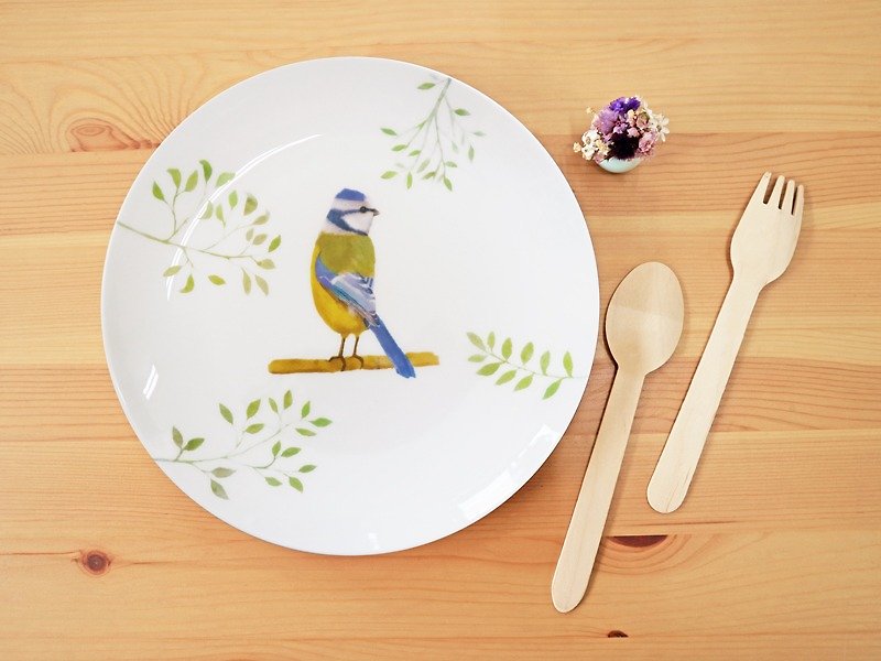 Blue Tit - 8 inch bone china plate / birds / flowers / birthday gift / can be added custom name / microwave / SGS - แก้วมัค/แก้วกาแฟ - เครื่องลายคราม 