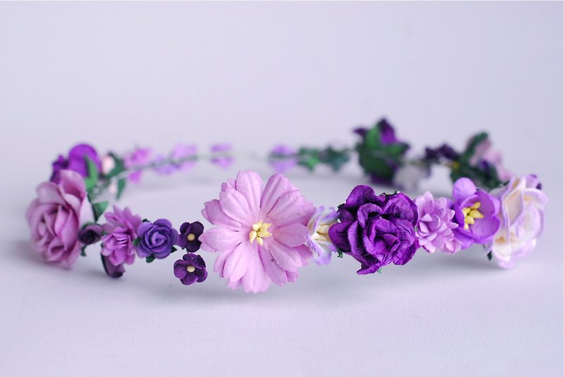 Paper Flower, Bridal flower crown, headband, daisy, roses cherry blossom and creeping lady in purple color. - เครื่องประดับผม - กระดาษ สีม่วง