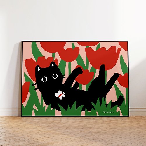 Ellie go lucky Art print Cat in the Tulip Fields Illustration poster A3,A2