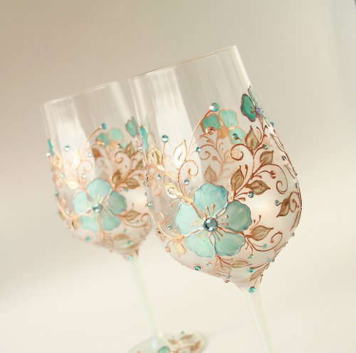 NeA Glass Wine Glasses Swarovski Crystals Rose Gold Blue Flowers hand-painted set of 2